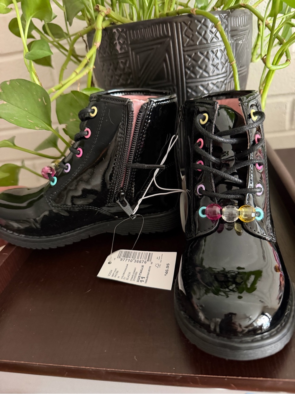 NWT Kids Black Patent Lace-Up Boots with Colorful Accents